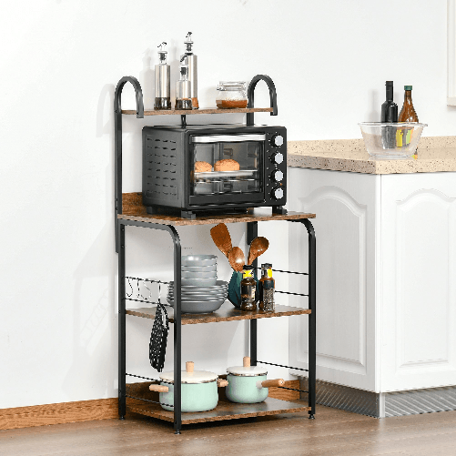 HOMCOM-Mobiletto-per-Microonde-a-4-Ripiani-e-4-Ganci-Mobile-Cucina-in-Acciaio-e-Legno-60x40x125cm-Marrone-Rustico