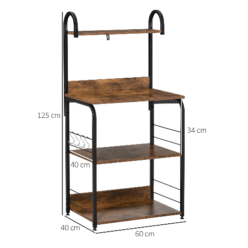 HOMCOM-Mobiletto-per-Microonde-a-4-Ripiani-e-4-Ganci-Mobile-Cucina-in-Acciaio-e-Legno-60x40x125cm-Marrone-Rustico