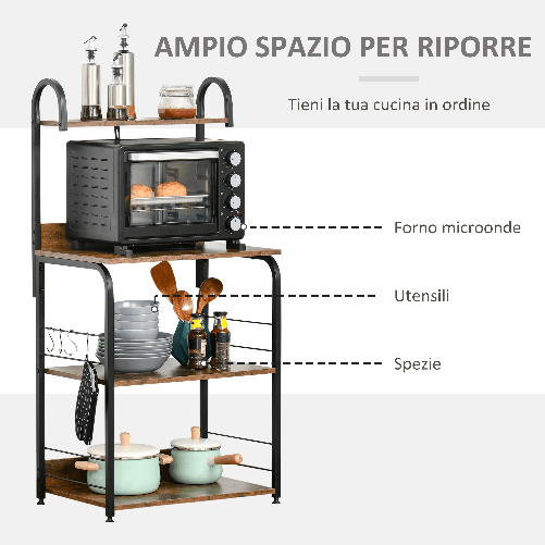 HOMCOM-Mobiletto-per-Microonde-a-4-Ripiani-e-4-Ganci-Mobile-Cucina-in-Acciaio-e-Legno-60x40x125cm-Marrone-Rustico