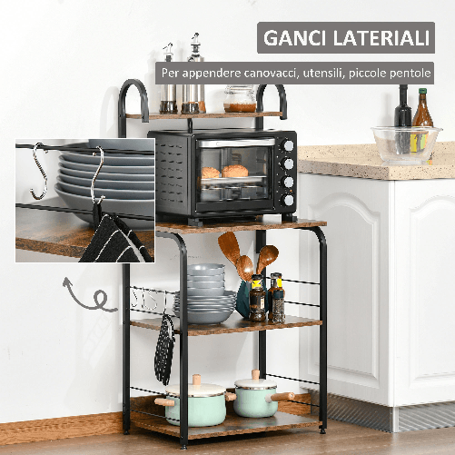 HOMCOM-Mobiletto-per-Microonde-a-4-Ripiani-e-4-Ganci-Mobile-Cucina-in-Acciaio-e-Legno-60x40x125cm-Marrone-Rustico