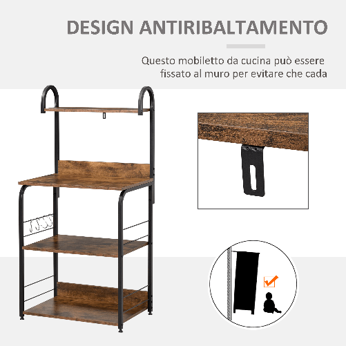 HOMCOM-Mobiletto-per-Microonde-a-4-Ripiani-e-4-Ganci-Mobile-Cucina-in-Acciaio-e-Legno-60x40x125cm-Marrone-Rustico