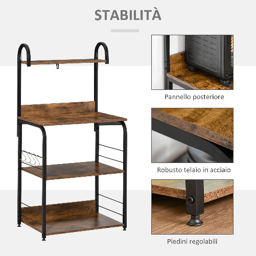 HOMCOM-Mobiletto-per-Microonde-a-4-Ripiani-e-4-Ganci-Mobile-Cucina-in-Acciaio-e-Legno-60x40x125cm-Marrone-Rustico