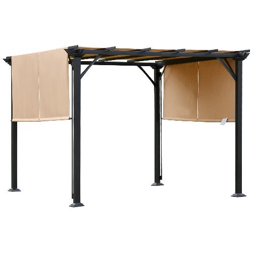 Outsunny-Pergola-Gazebo-da-Giardino-in-Acciaio-con-Tende-Regolabili-3x3m-Marrone-Chiaro