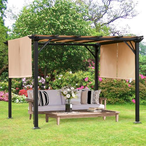 Outsunny-Pergola-Gazebo-da-Giardino-in-Acciaio-con-Tende-Regolabili-3x3m-Marrone-Chiaro