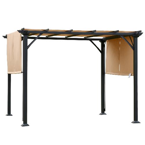 Outsunny-Pergola-Gazebo-da-Giardino-in-Acciaio-con-Tende-Regolabili-3x3m-Marrone-Chiaro