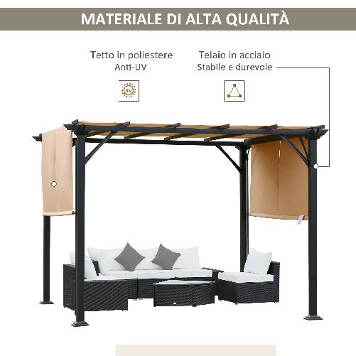 Outsunny-Pergola-Gazebo-da-Giardino-in-Acciaio-con-Tende-Regolabili-3x3m-Marrone-Chiaro