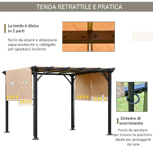 Outsunny-Pergola-Gazebo-da-Giardino-in-Acciaio-con-Tende-Regolabili-3x3m-Marrone-Chiaro