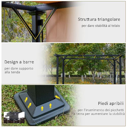 Outsunny-Pergola-Gazebo-da-Giardino-in-Acciaio-con-Tende-Regolabili-3x3m-Marrone-Chiaro