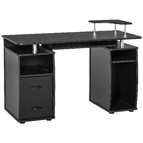HOMCOM Scrivania per Computer Moderna Porta PC, Scrivania da Ufficio in Legno con Cassetti, Mensola Estraibile e Porta Tastiera, 120x55x85cm, Nero