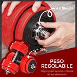 HOMCOM-Set-2-in-1-Bilanciere-e-Manubri-Pesi-da-30kg-Dischi-con-Rivestimento-in-Plastica-Antigraffio-Rosso-e-Nero