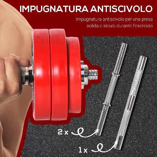 HOMCOM-Set-2-in-1-Bilanciere-e-Manubri-Pesi-da-30kg-Dischi-con-Rivestimento-in-Plastica-Antigraffio-Rosso-e-Nero