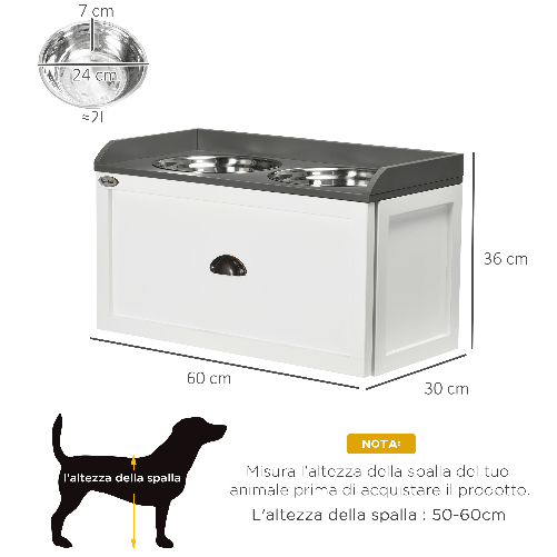 PawHut-Ciotole-per-Cani-Rialzate-in-Acciaio-Inox-e-Legno-con-Cassetto-60x30x36cm-Bianco-e-Grigio