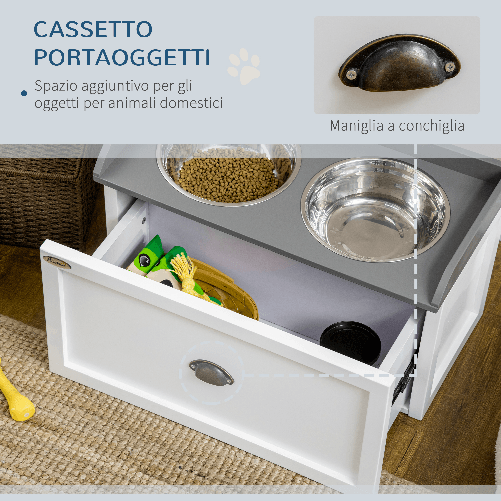 PawHut-Ciotole-per-Cani-Rialzate-in-Acciaio-Inox-e-Legno-con-Cassetto-60x30x36cm-Bianco-e-Grigio