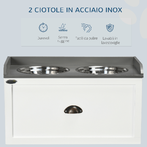 PawHut-Ciotole-per-Cani-Rialzate-in-Acciaio-Inox-e-Legno-con-Cassetto-60x30x36cm-Bianco-e-Grigio