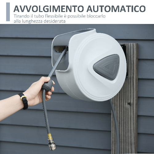 DURHAND-Avvolgitubo-Automatico-20m---194cm-con-Attacco-Φ1-4---Montaggio-a-Parete-e-Ruotabile-di-180°-Grigio