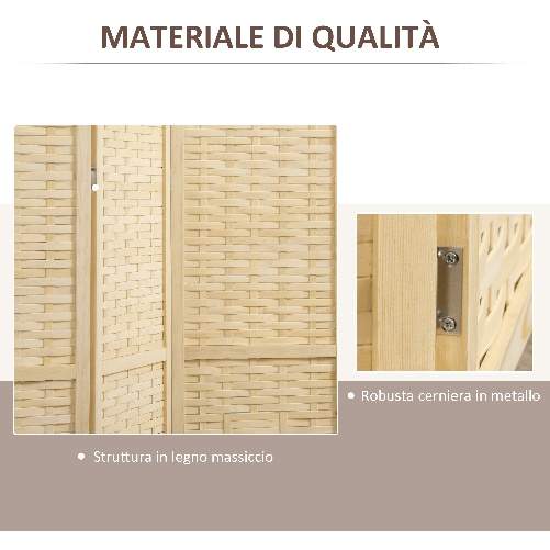 HOMCOM-Paravento-Separe-da-Interno-a-4-Ante-in-Legno-e-Bambu-Pieghevole-e-Salvaspazio-Altezza-170cm-Marrone