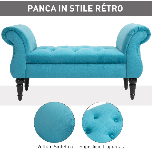 HOMCOM-Panca-Stile-Vintage-con-Braccioli-Imbottita-Velluto-Blu-Capitonne