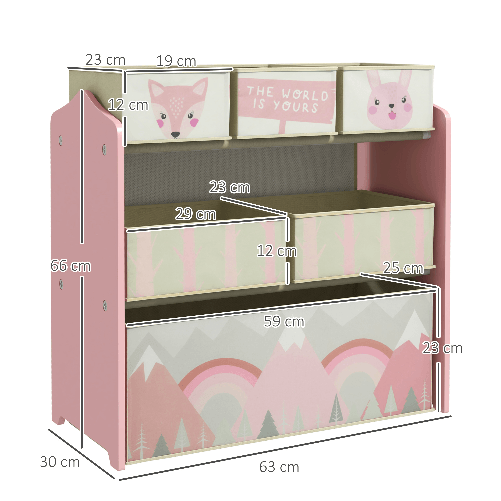 ZONEKIZ-Scaffale-Portagiochi-per-Bambini-con-6-Contenitori-Rimovibili-in-Tessuto-63x30x66cm-Rosa