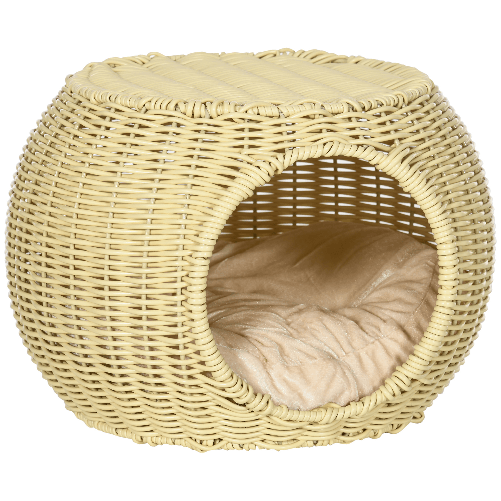 Pawhut-Casetta-per-Gatti-a-2-Livelli-in-Rattan-PE-con-Cuscino-Lavabile-Ø40x30-cm-Beige