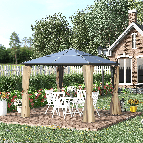 Outsunny-Gazebo-da-Giardino-3x3m-con-Tetto-in-Policarbonato-e-Zanzariere-Caffe-e-Khaki