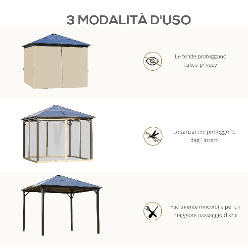 Outsunny-Gazebo-da-Giardino-3x3m-con-Tetto-in-Policarbonato-e-Zanzariere-Caffe-e-Khaki