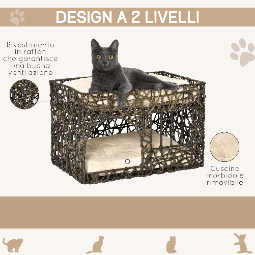 PawHut-Cuccia-per-Gatti-a-2-Livelli-con-2-Cuscini-Lettino-per-Gatti-Adulti-fino-5kg-in-Vimini-Sintetico-56x41x45cm-Marrone-Scuro