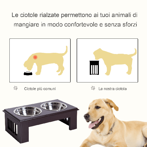 Pawhut-Ciotola-Rialzata-per-Cani-in-Acciaio-Inossidabile-Base-in-Legno-MDF-con-2-Piatti-44x24x15cm