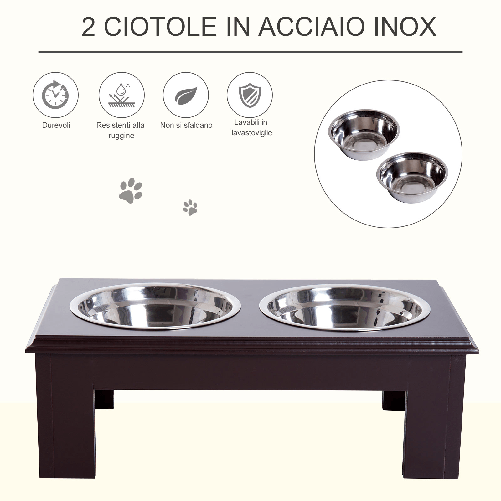 Pawhut-Ciotola-Rialzata-per-Cani-in-Acciaio-Inossidabile-Base-in-Legno-MDF-con-2-Piatti-44x24x15cm