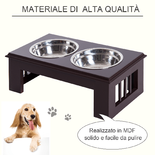 Pawhut-Ciotola-Rialzata-per-Cani-in-Acciaio-Inossidabile-Base-in-Legno-MDF-con-2-Piatti-44x24x15cm