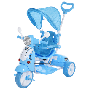 HOMCOM Triciclo Passeggino Azzurro a Forma di Moto per Bambini 18-72 mesi con Tettuccio Rimovibile