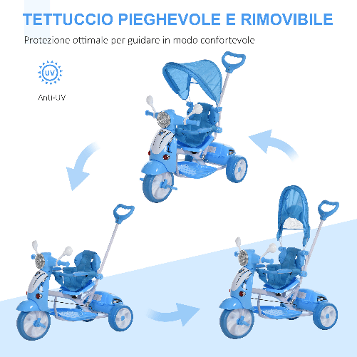 HOMCOM-Triciclo-Passeggino-Azzurro-a-Forma-di-Moto-per-Bambini-18-72-mesi-con-Tettuccio-Rimovibile