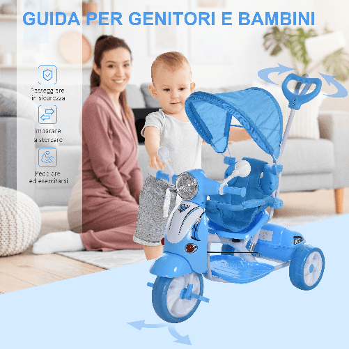 HOMCOM-Triciclo-Passeggino-Azzurro-a-Forma-di-Moto-per-Bambini-18-72-mesi-con-Tettuccio-Rimovibile