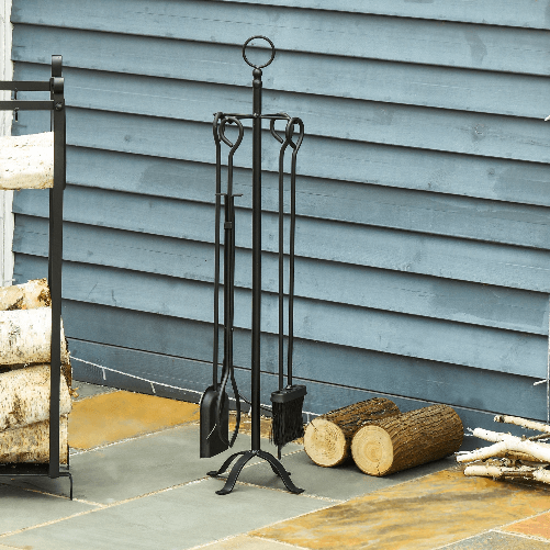 Outsunny-Set-Attrezzi-per-Camino-5-Pezzi-Base-con-Attizzatoio-Pinza-Paletta-e-Scopa-in-Metallo---Nero