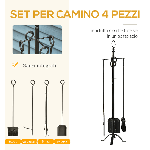 Outsunny-Set-Attrezzi-per-Camino-5-Pezzi-Base-con-Attizzatoio-Pinza-Paletta-e-Scopa-in-Metallo---Nero