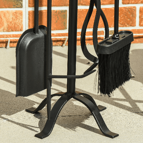 Outsunny-Set-Attrezzi-per-Camino-5-Pezzi-Base-con-Attizzatoio-Pinza-Paletta-e-Scopa-in-Metallo---Nero