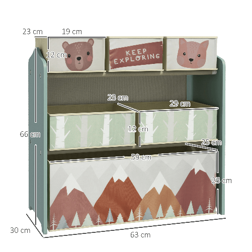 ZONEKIZ-Scaffale-Portagiochi-per-Bambini-con-6-Contenitori-Rimovibili-in-Tessuto-63x30x66cm-Verde