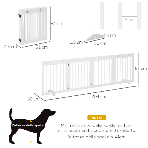 PawHut-Cancellino-per-Cani-Estensibile-e-Pieghevole-a-4-Sezioni-Cancelletto-di-Sicurezza-in-Legno-di-Pino-204x30x61cm-Bianco