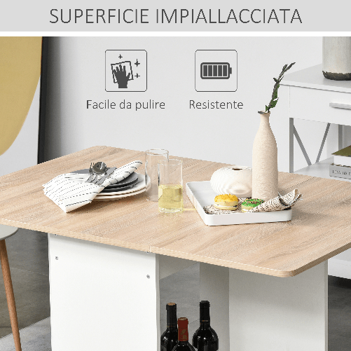 HOMCOM-Tavolo-Consolle-a-Ribalta-con-Vano-Mensola-Tavolino-da-Salotto-e-Cucina-Pieghevole-Salvaspazio-Color-Legno-e-Bianco-118x80x72cm