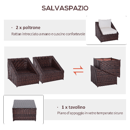 Outsunny-Set-Mobili-da-Balcone-in-PE-Rattan-Tavolo-da-Giardino-con-Poltroncine-e-Cuscini-Marrone