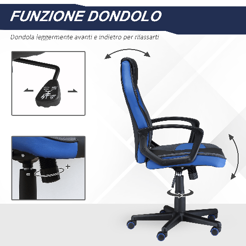 Vinsetto-Sedia-Gaming-Ergonomica-Poltrona-da-Ufficio-Girevole-con-Rotelle-in-Similpelle-Nera-e-Blu-Altezza-Regolabile