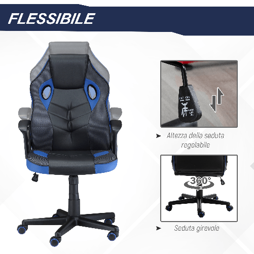 Vinsetto-Sedia-Gaming-Ergonomica-Poltrona-da-Ufficio-Girevole-con-Rotelle-in-Similpelle-Nera-e-Blu-Altezza-Regolabile