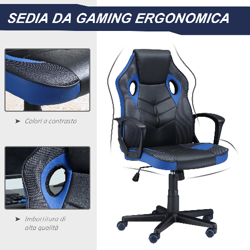 Vinsetto-Sedia-Gaming-Ergonomica-Poltrona-da-Ufficio-Girevole-con-Rotelle-in-Similpelle-Nera-e-Blu-Altezza-Regolabile