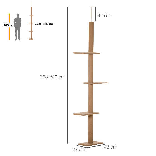 PawHut-Albero-Tiragraffi-per-Gatti-a-4-Livelli-Fissaggio-a-Soffitto-Regolabile-43x27x228-260cm