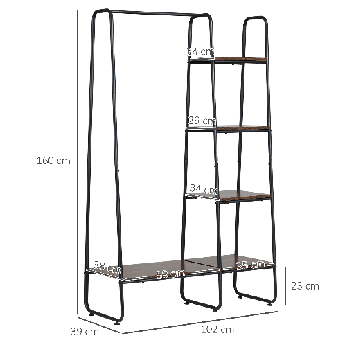 HOMCOM-Appendiabiti-da-Terra-Stile-Industriale-con-Barra-e-5-Ripiani-in-Legno-e-Acciaio-101x39x160cm