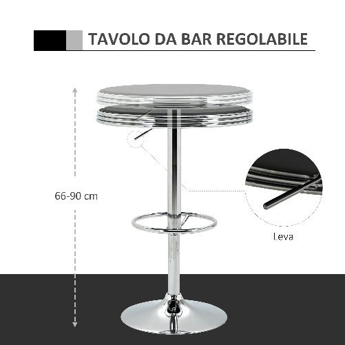 HOMCOM-Tavolo-da-Bar-Rotondo-in-Metallo-e-Similpelle-Nera-Altezza-Regolabile-Φ65x66-90cm