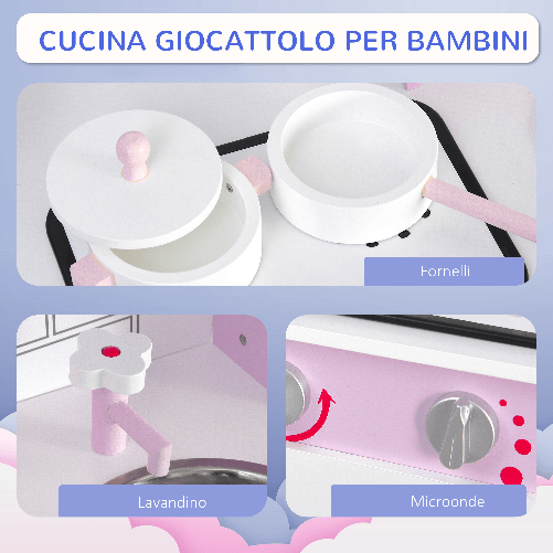 HOMCOM-Cucina-Giocattolo-per-Bambini-3--Anni-con-5-Accessori-Inclusi-Gioco-con-Suoni-Realistici-Armadietto-55x30x80cm-Rosa