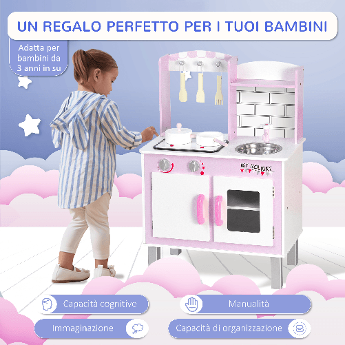 HOMCOM-Cucina-Giocattolo-per-Bambini-3--Anni-con-5-Accessori-Inclusi-Gioco-con-Suoni-Realistici-Armadietto-55x30x80cm-Rosa