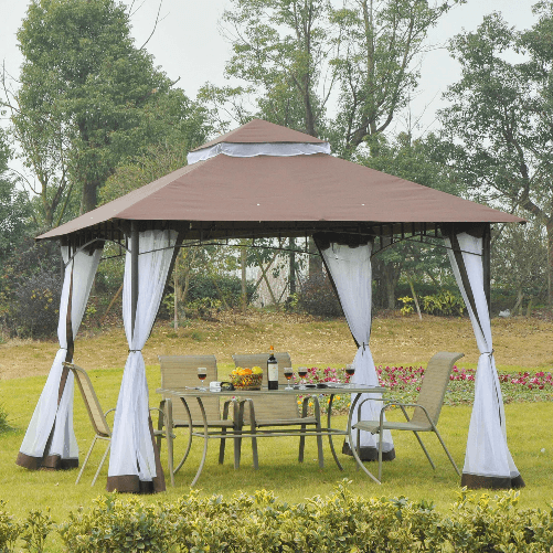 Outsunny-Gazebo-da-Giardino-3x3m-con-Zanzariera-Tetto-a-2-Livelli-e-Struttura-in-Metallo-Marrone