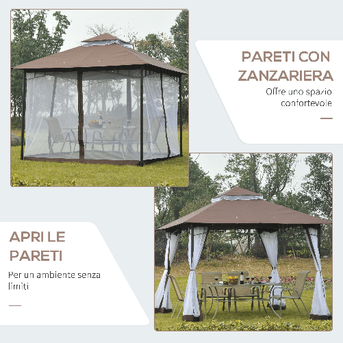 Outsunny-Gazebo-da-Giardino-3x3m-con-Zanzariera-Tetto-a-2-Livelli-e-Struttura-in-Metallo-Marrone