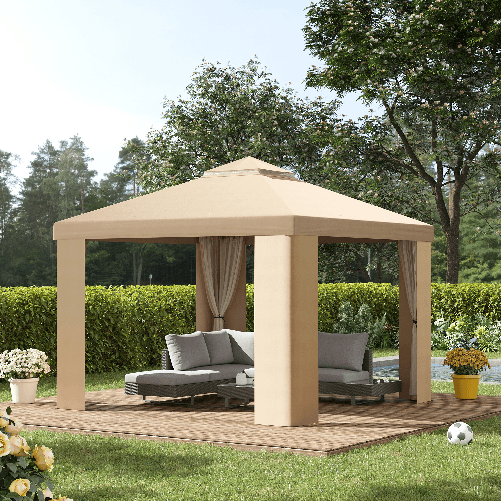 Outsunny-Gazebo-da-Giardino-3x3m-in-Metallo-con-Zanzariera-e-Tetto-a-2-Livelli-in-Poliestere-Cachi